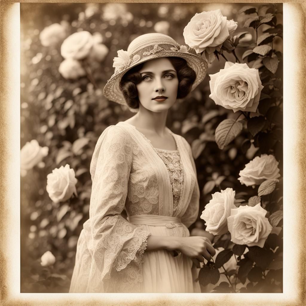 1920s Woman in Rose Garden Vintage Photography