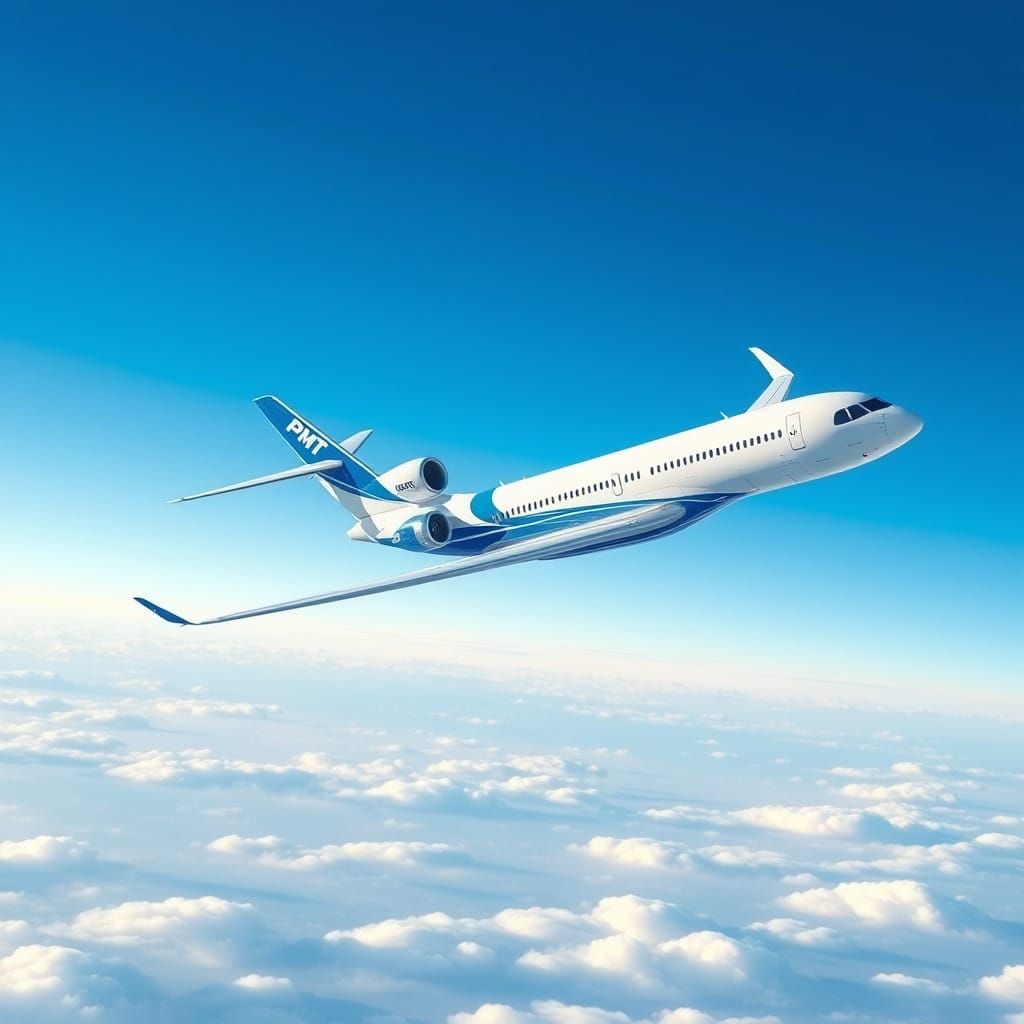 Sleek White Airplane Takes Off in Brilliant Blue Sky with PM...