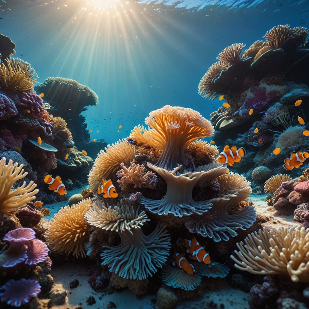 Vibrant Coral Reef Scene with Clownfish and Sharks