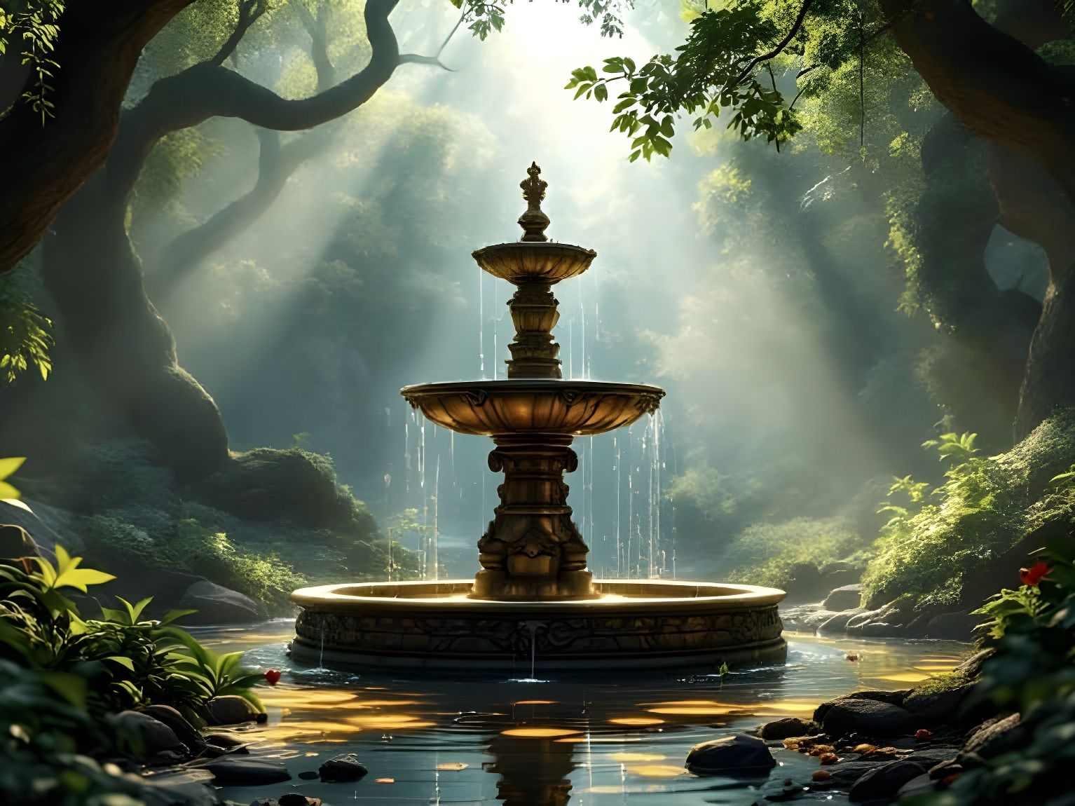 Mysterious Forest Fountain Shines with Golden Light
