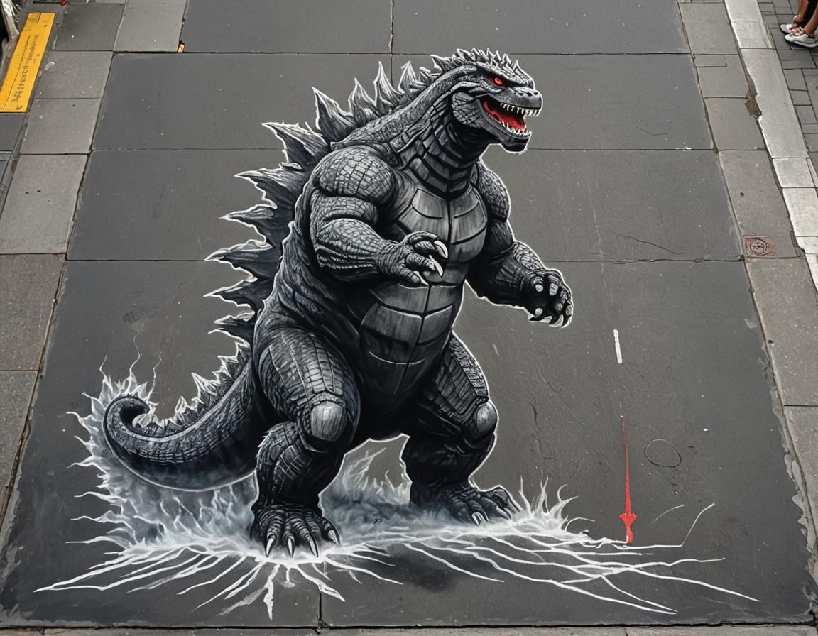 Godzilla drawn in chalk on a sidewalk - chalk art