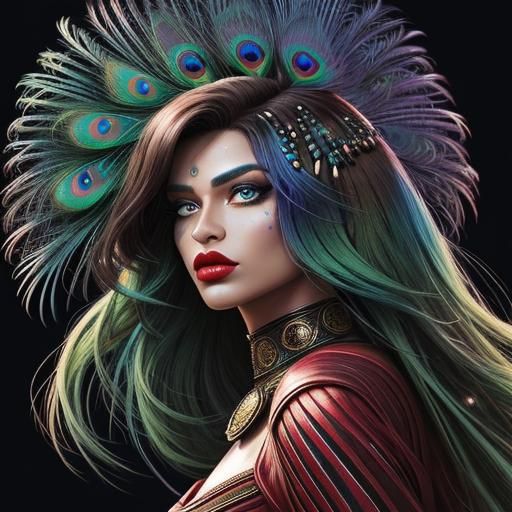Peacock Haired Woman in Comic Book Art Style