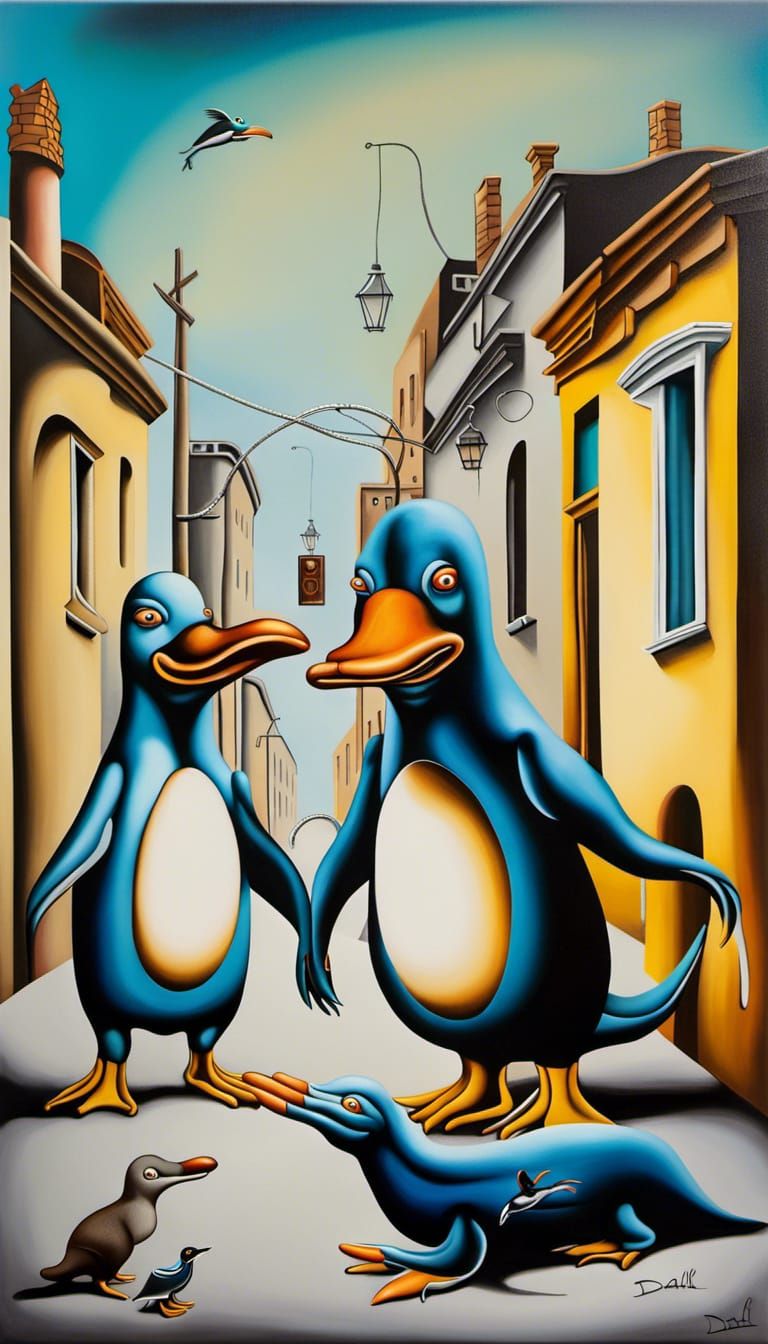 Surreal Platypus vs Penguin Street Scene, Dali Style