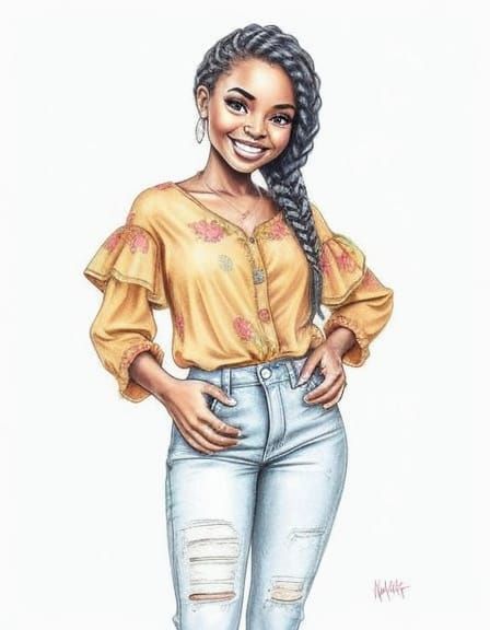 Pencil Sketch of Smiling Woman with Waterfall Braid