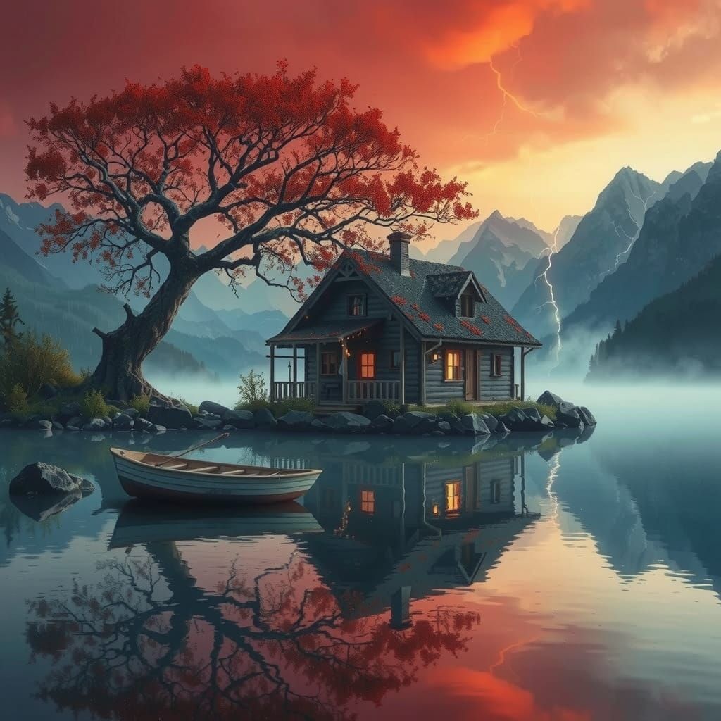 Mystical Nighttime Scene of a Rustic Lake Cottage
