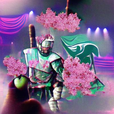 Green Knight in Vaporwave Cherry Blossom Scene