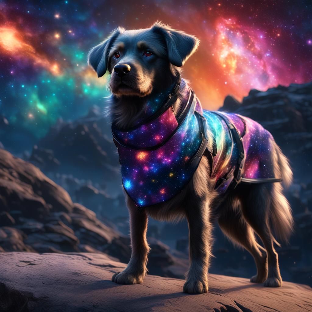 Galaxy Dog with Starry Fur, Detailed Matte Painting
