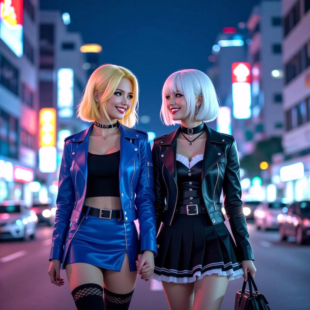 Android 18 and YoRHa 2B in Crowded City