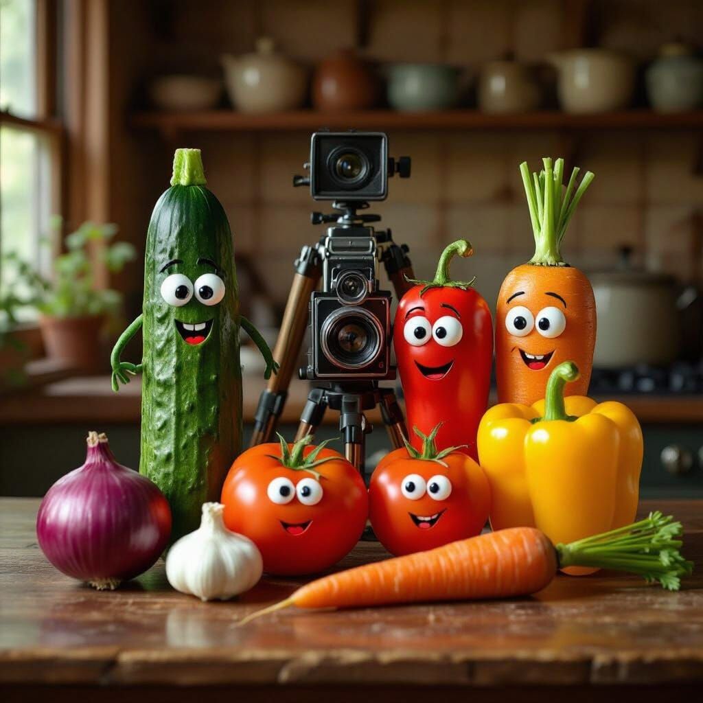 Smiling Vegetables in Vintage Kitchen, Whimsical Style