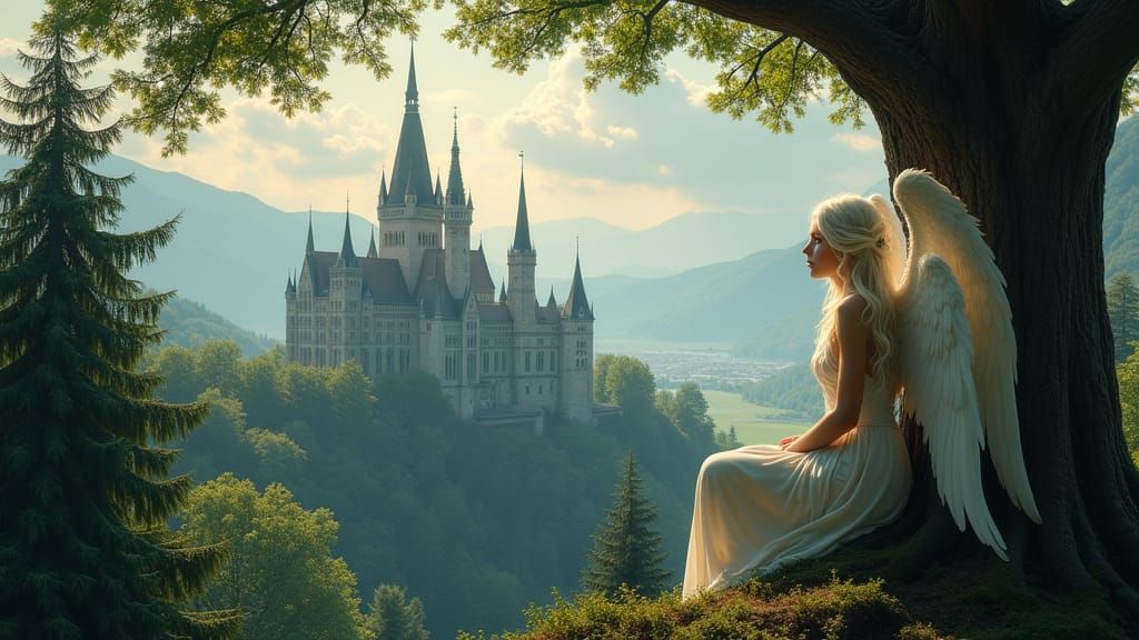 Angel Contemplates Hungarian Castle in Dreamy Landscape