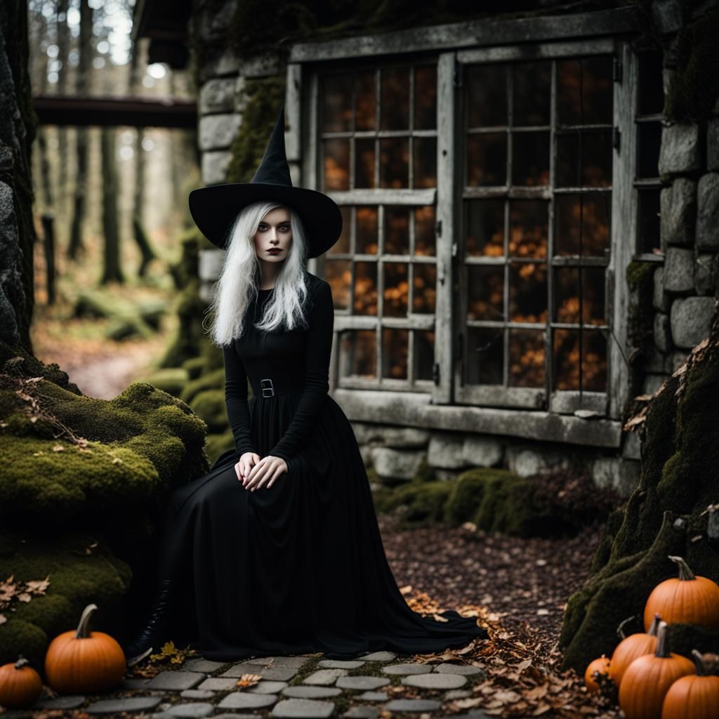Vintage Witch in Dark Autumn Forest
