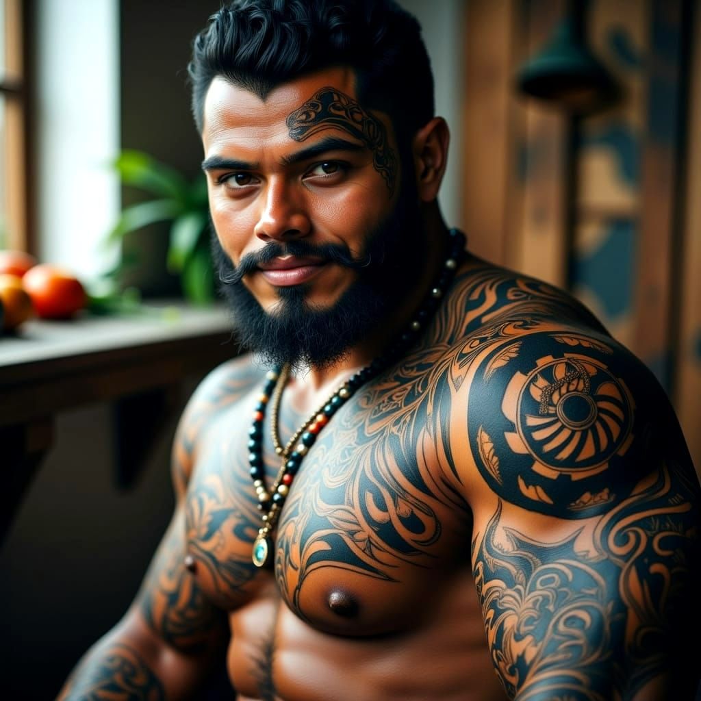 Muscular Samoan Man with Traditional Tattoos in Hyperrealist...