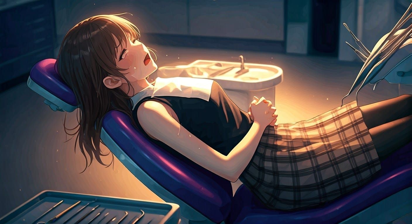 Distressed Anime Girl in Dental Chair, Cel-Shaded Art