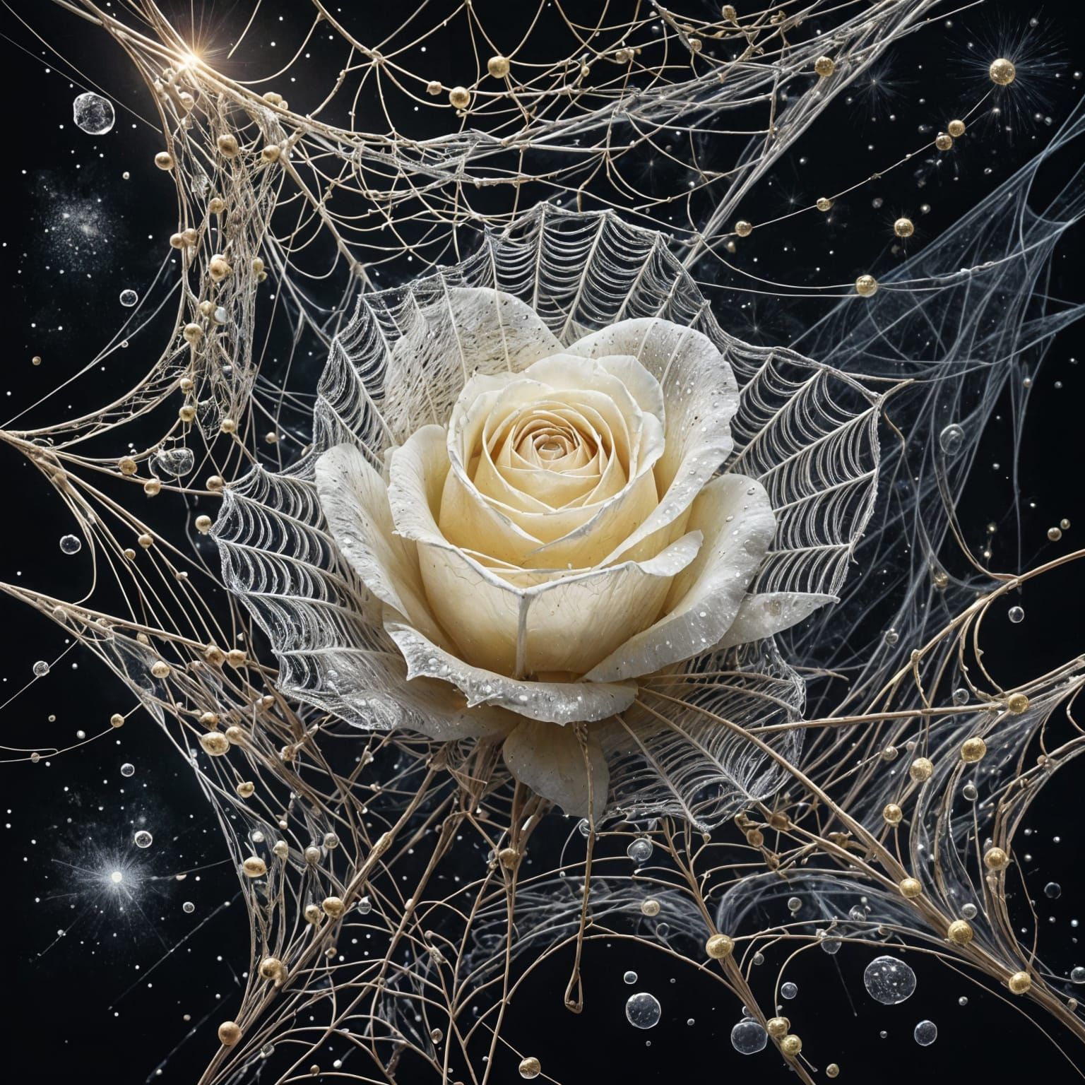 Ethereal Spider Web Rose in Cosmic Darkness