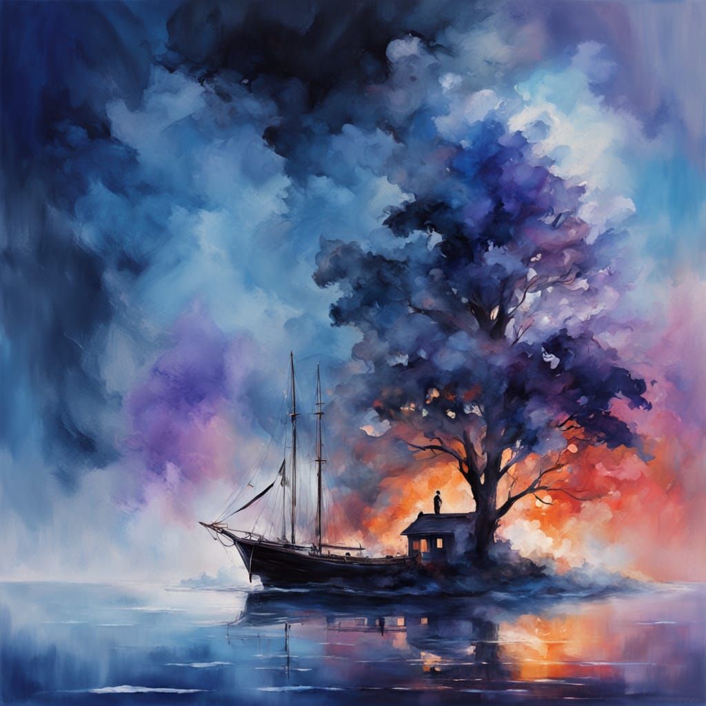 Smoky Double Exposure Portrait in Impasto Gouache Style