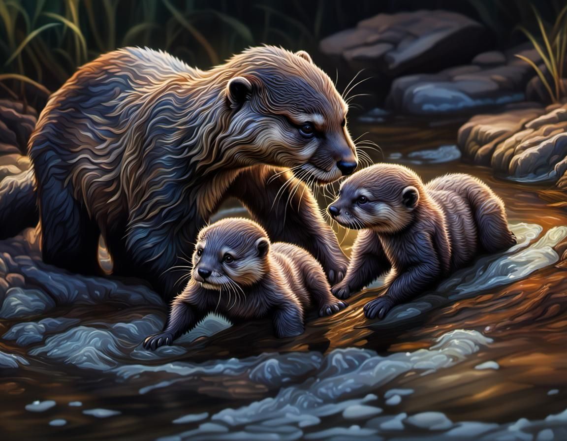 Otter Family Playing: Hyperrealistic Splash Art