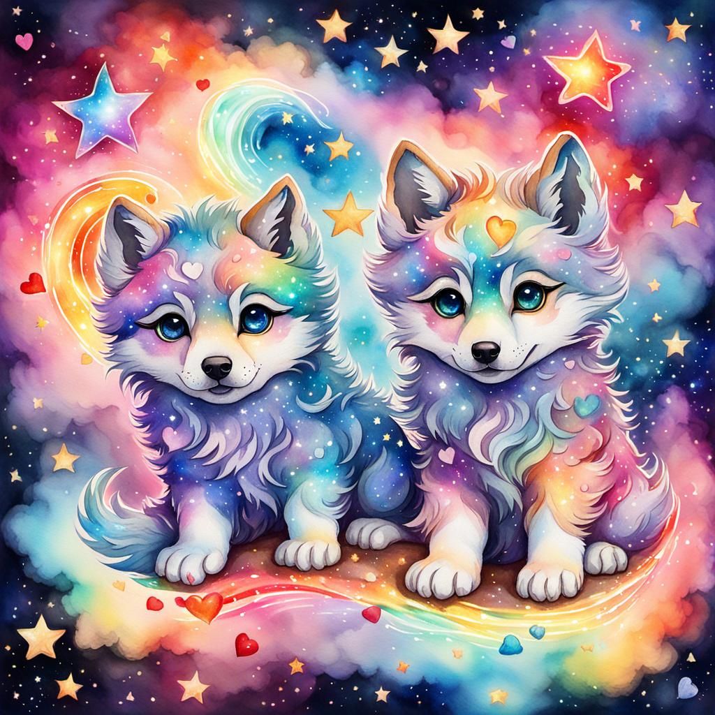 Sparkling Baby Wolf Cubs in Watercolor Galaxy