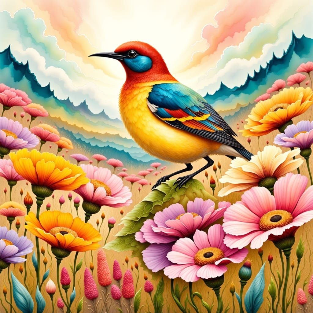 Roadrunner in Desert Flowers, Alcohol Ink Art