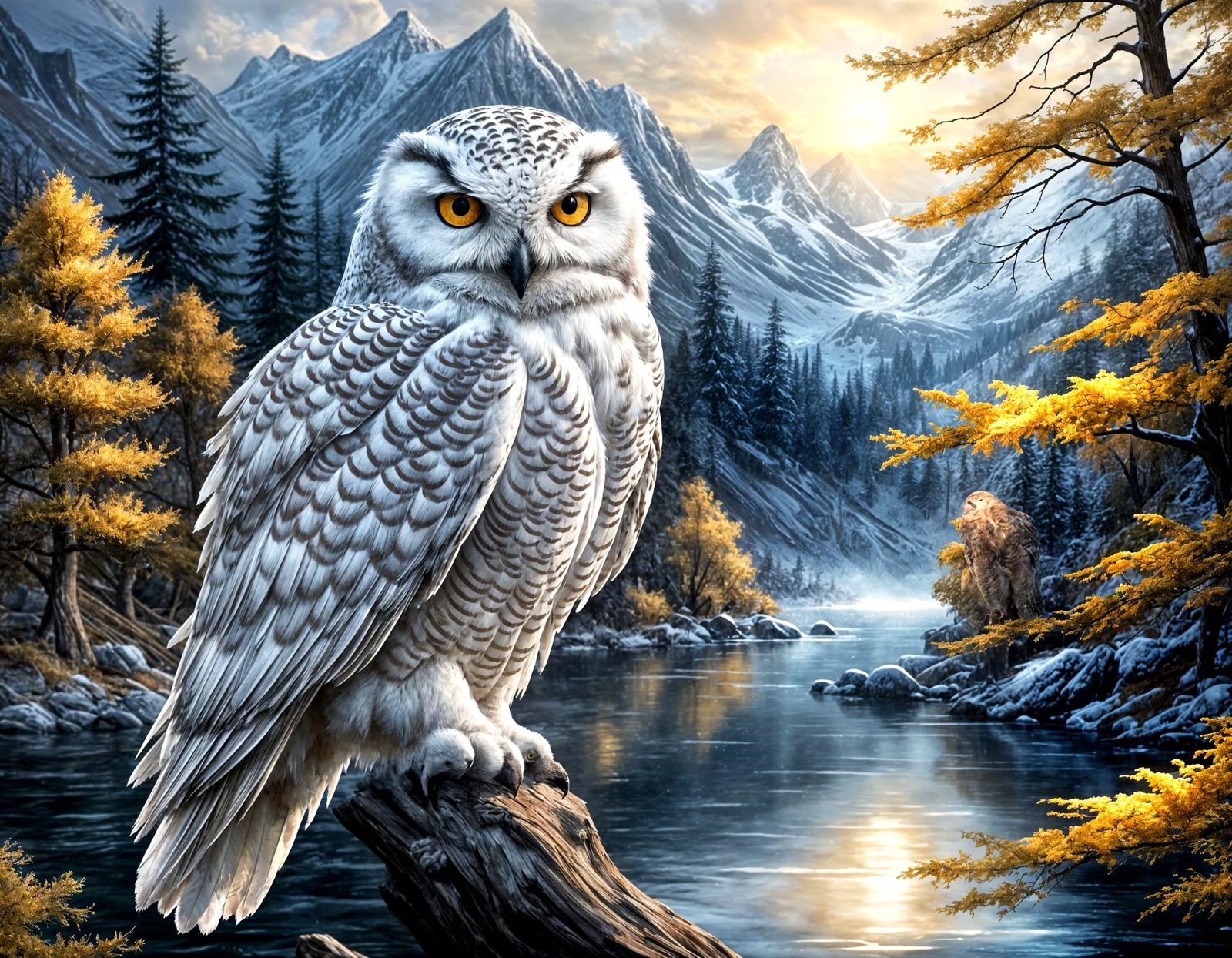 Snowy Owl on Branch in Winter Landscape