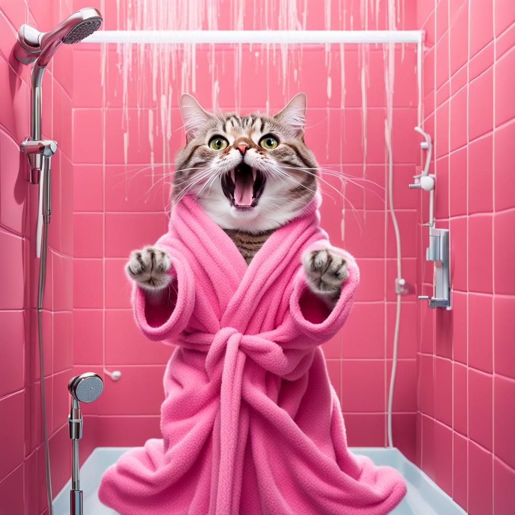 Singing Cat in Shower with Pink Robe
