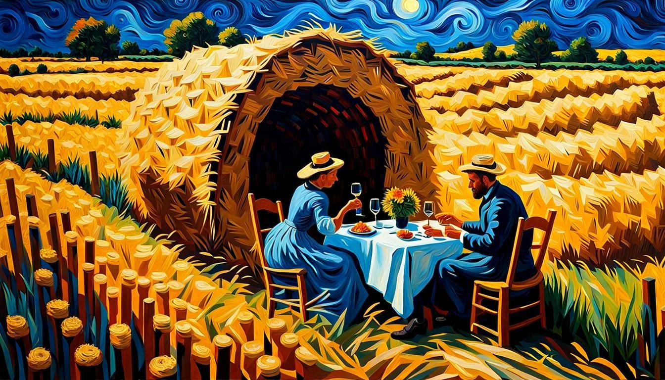 Romantic Hay Field Dinner: 3D Impasto Style