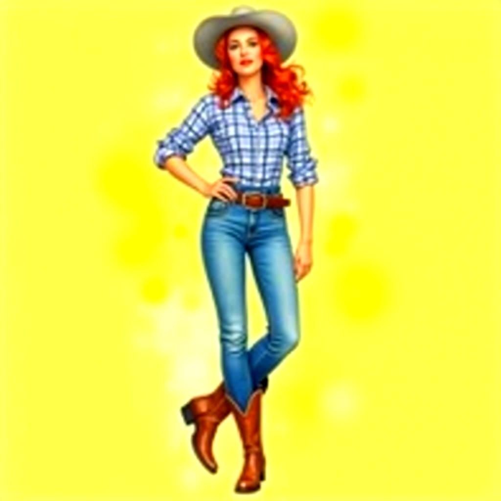 Whimsical Watercolor Cowgirl Pin-Up in Retro Style