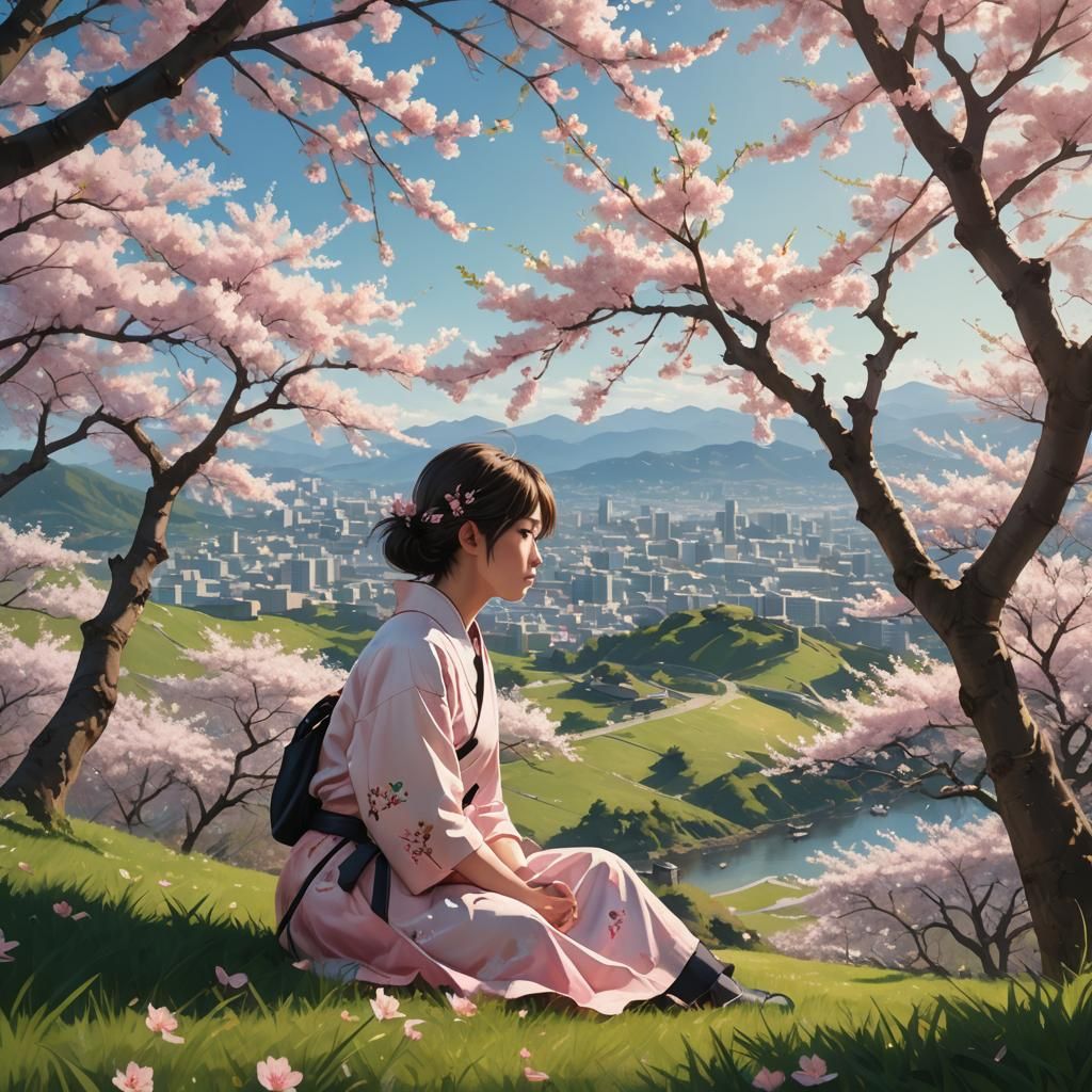 Person Under Cherry Blossom Tree: Hyperrealistic Concept Art