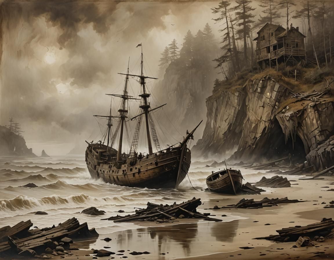 Eerie Shipwreck Cove: A Gothic Oil Painting