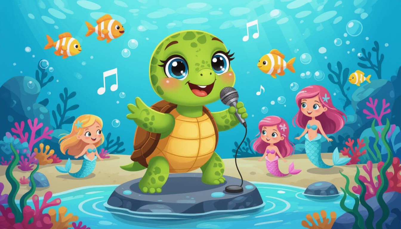Cartoon Turtle Singing for Mermaids in Ocean