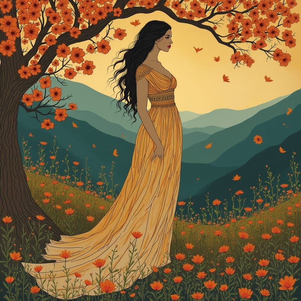 Elegant Woman in Whimsical Landscape