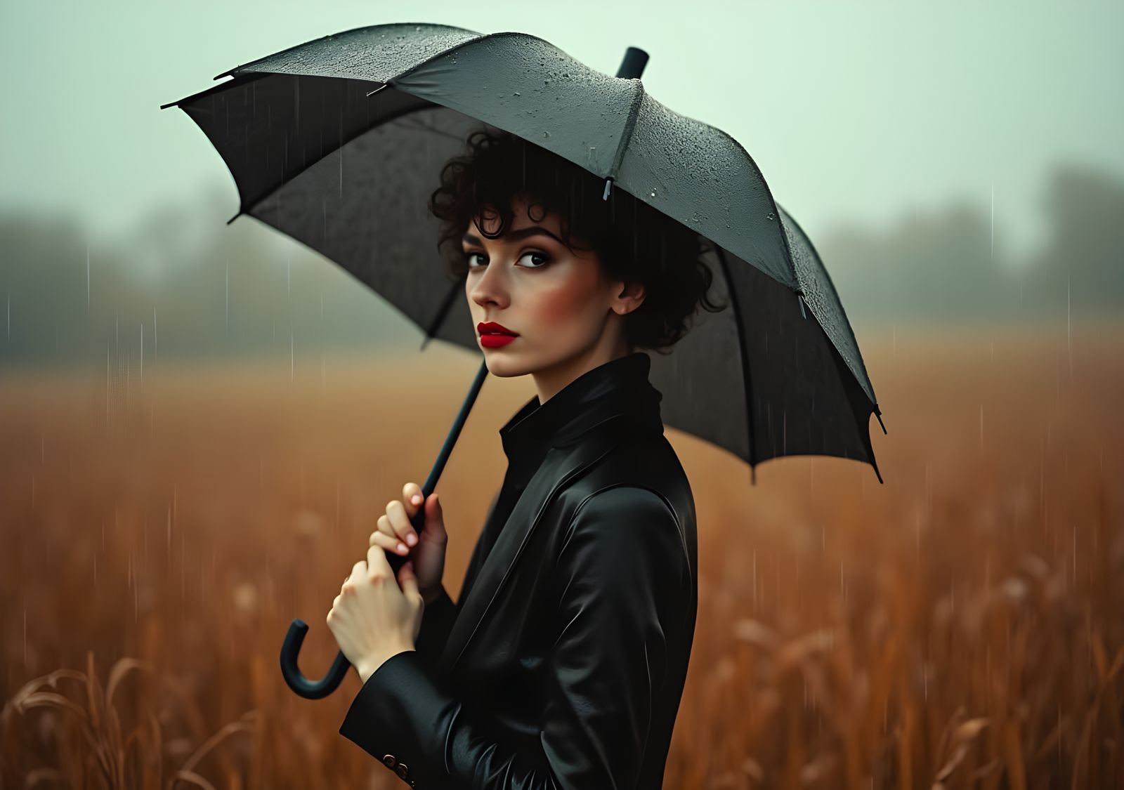 1920s Woman with Umbrella in Rainy Field