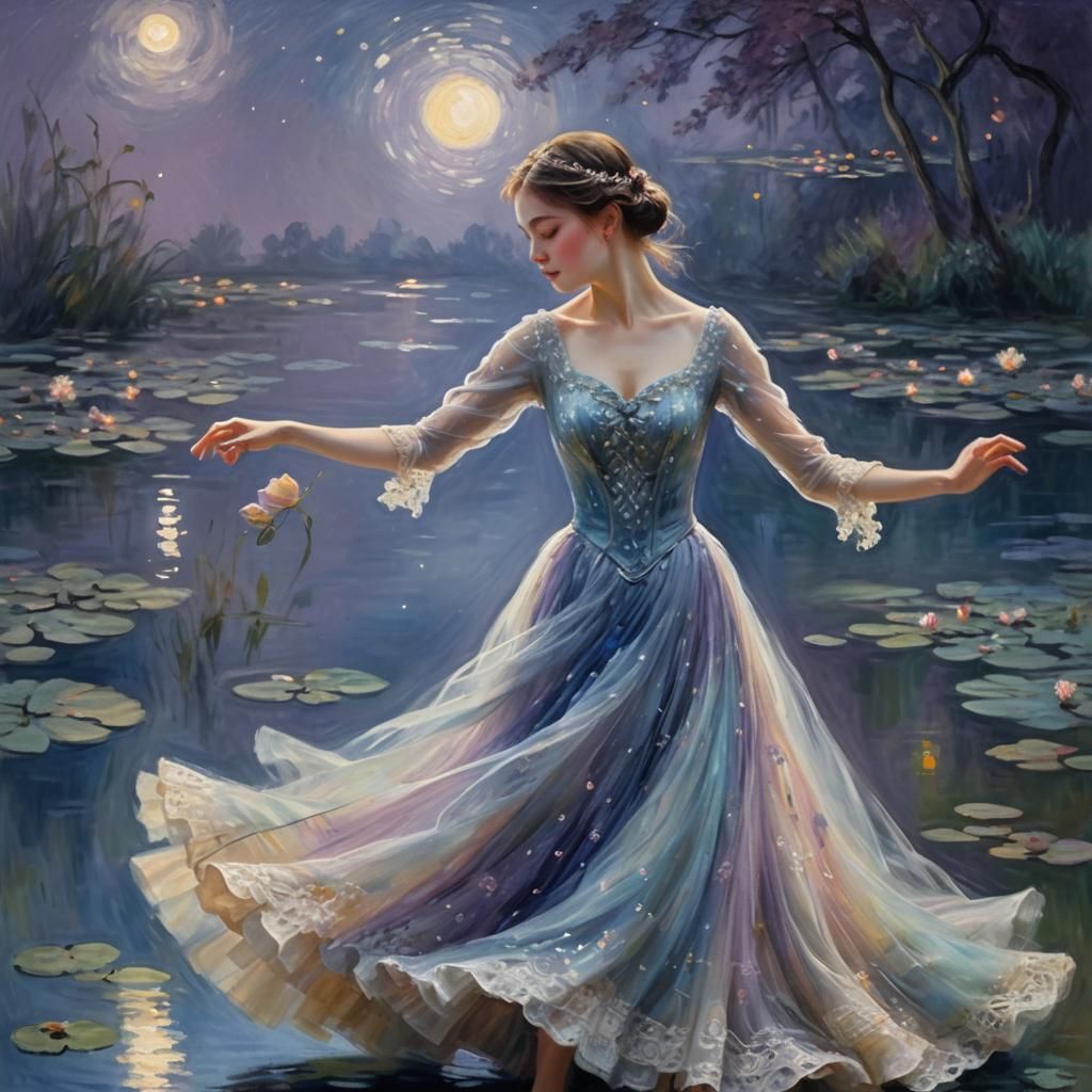 Impressionistic Lady Dancing in Moonlight with Lace
