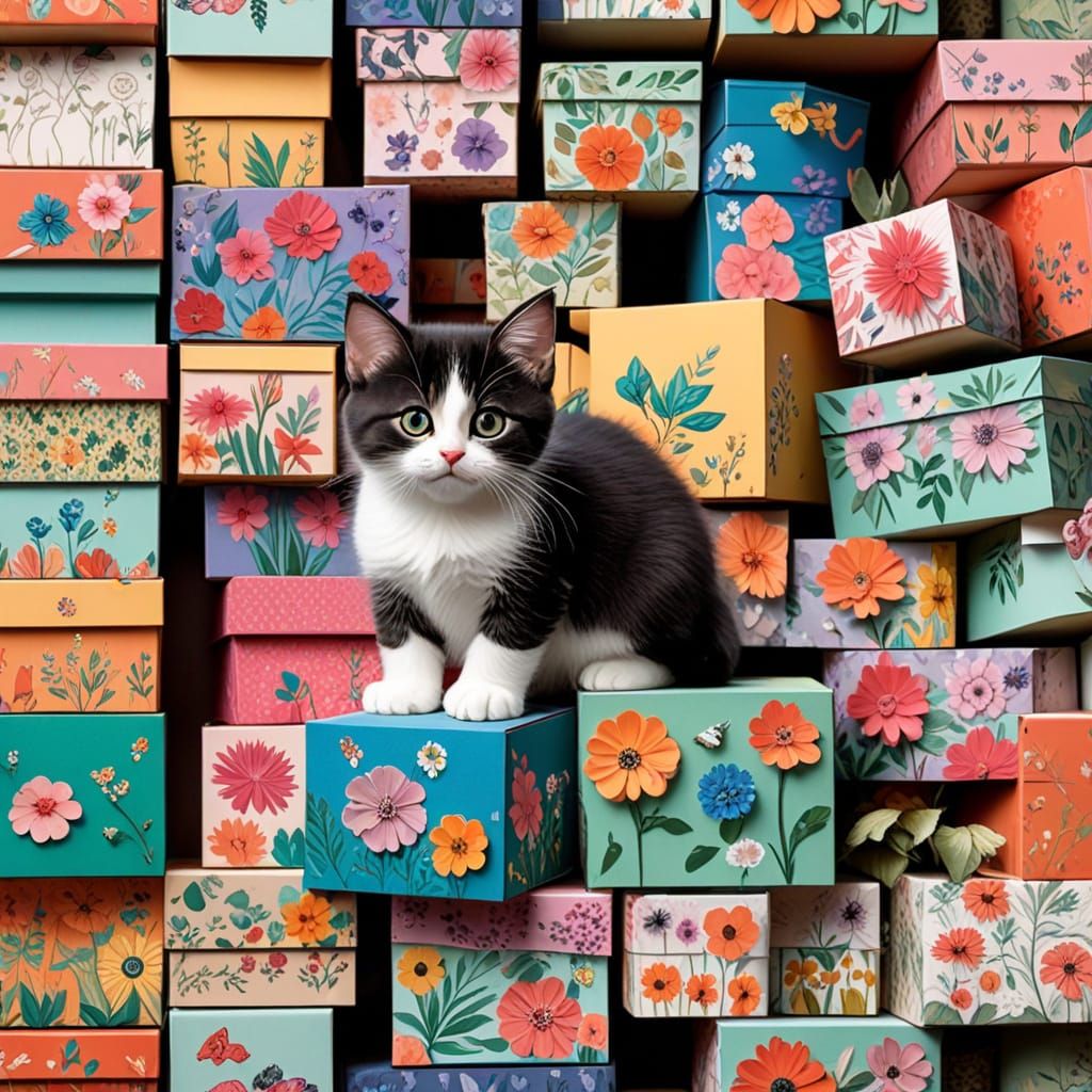 Whimsical Kitten Box Art in Maximalist Style