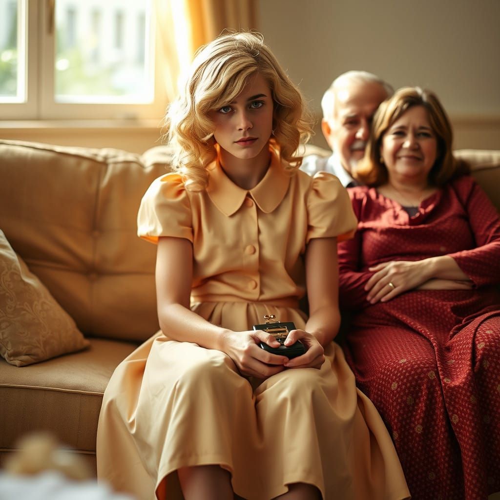 Melancholic Youth in Vintage Gown, Surrounded by Warmth