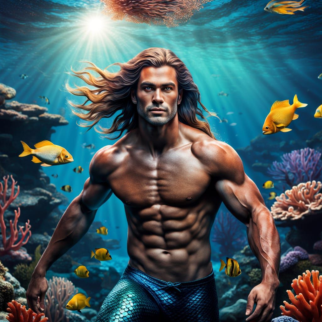 Muscular Mermaid in Vibrant Underwater Scene