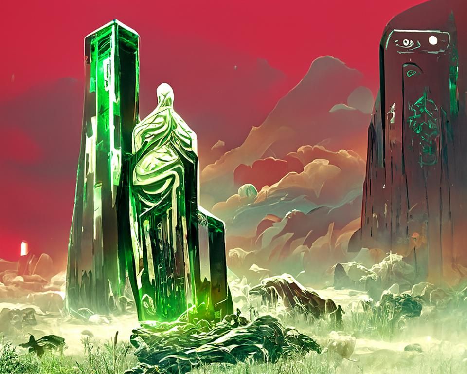 Jade Monolith in Apocalyptic Landscape: Digital Artwork