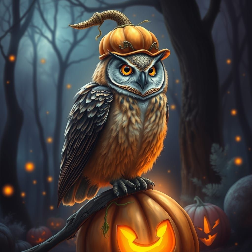 Wise Owl on Glowing Jack-o'-Lantern in Mystical Forest