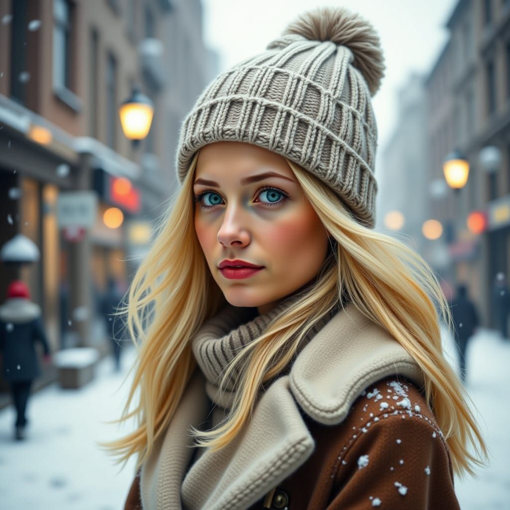 Woman in Snowy City Street, Watercolour Style