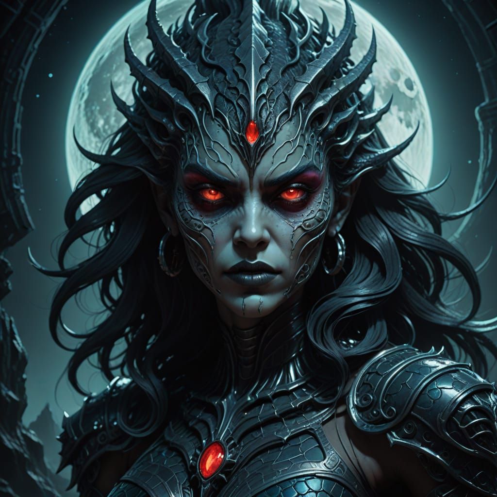 Menacing Mermaid Goddess Under Full Moon