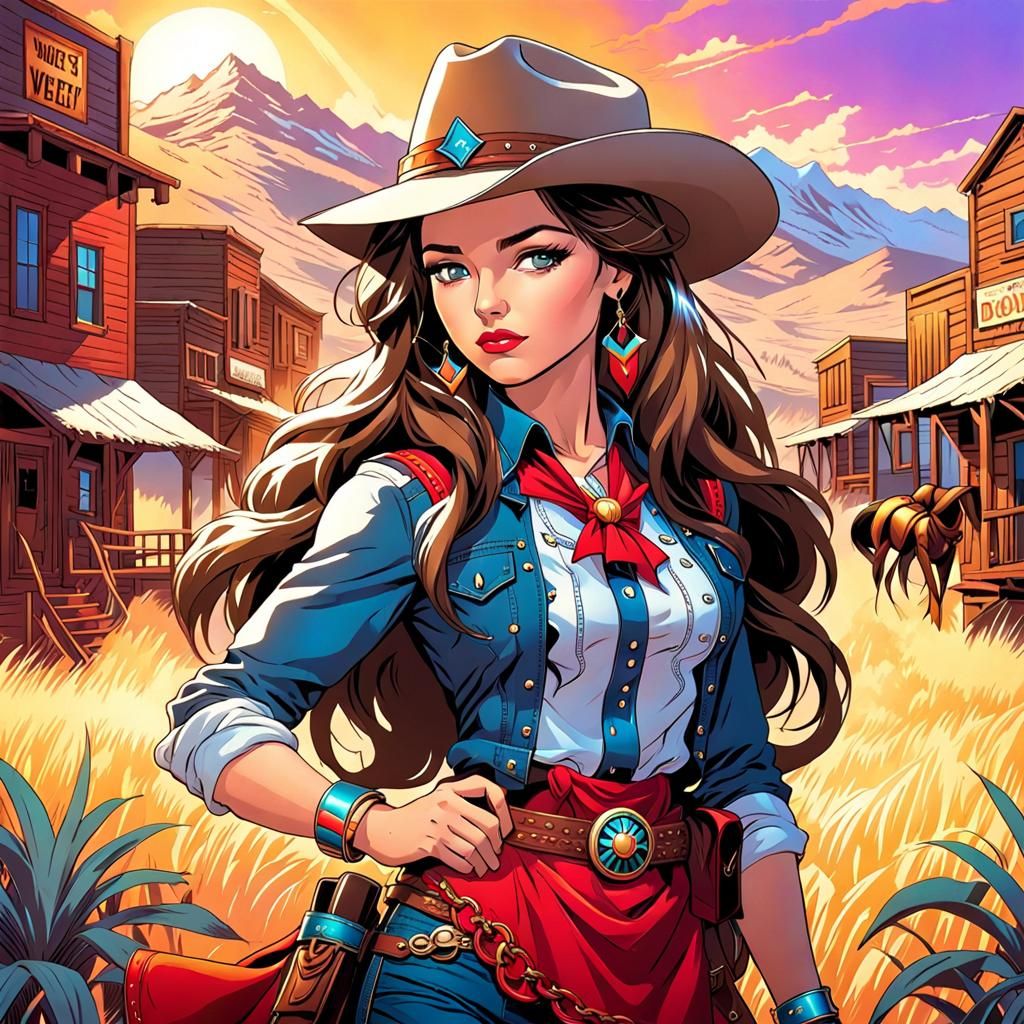 Young lovely Cowgirl with Long Brown Wavy hair