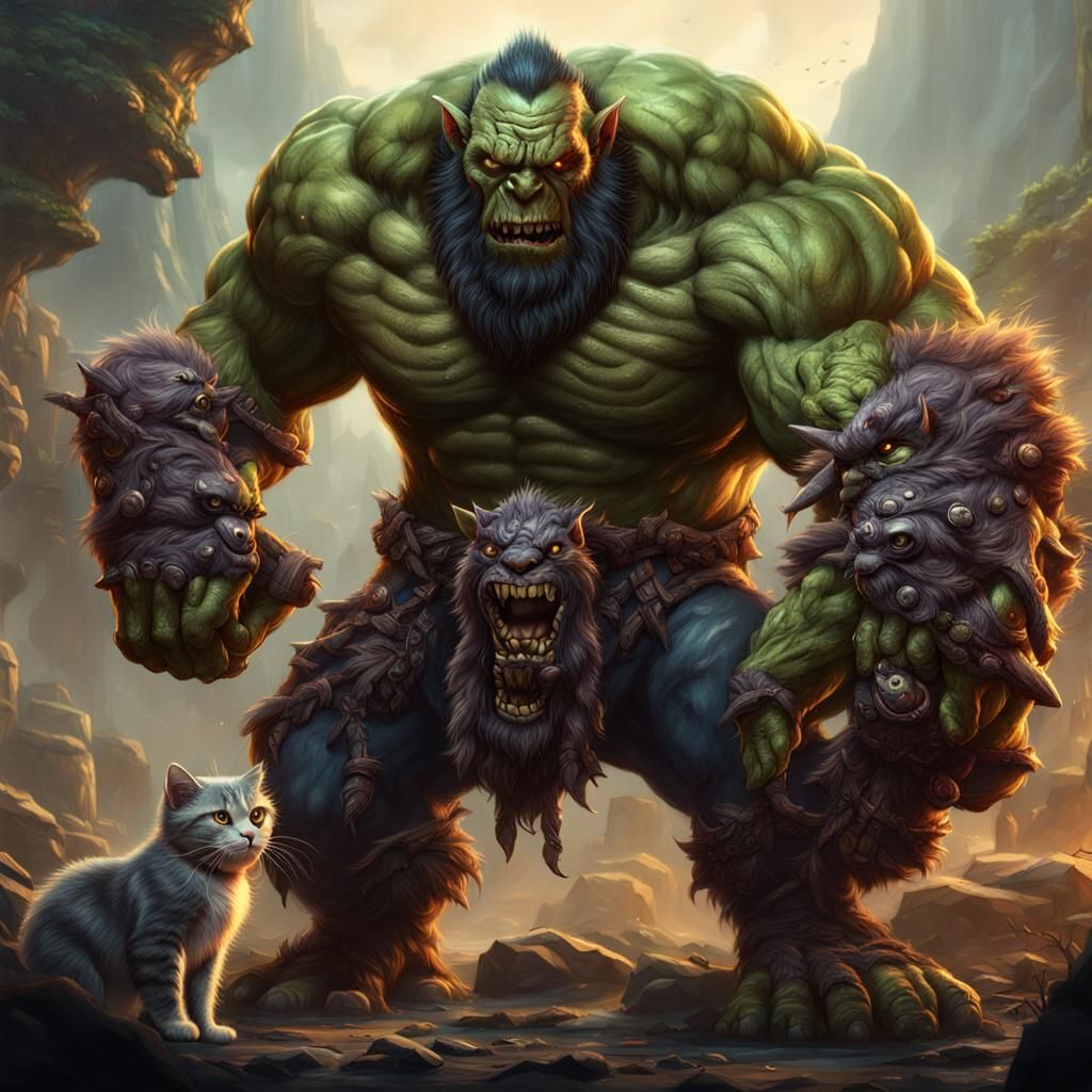 Orc with Cat: Detailed Fantasy Art