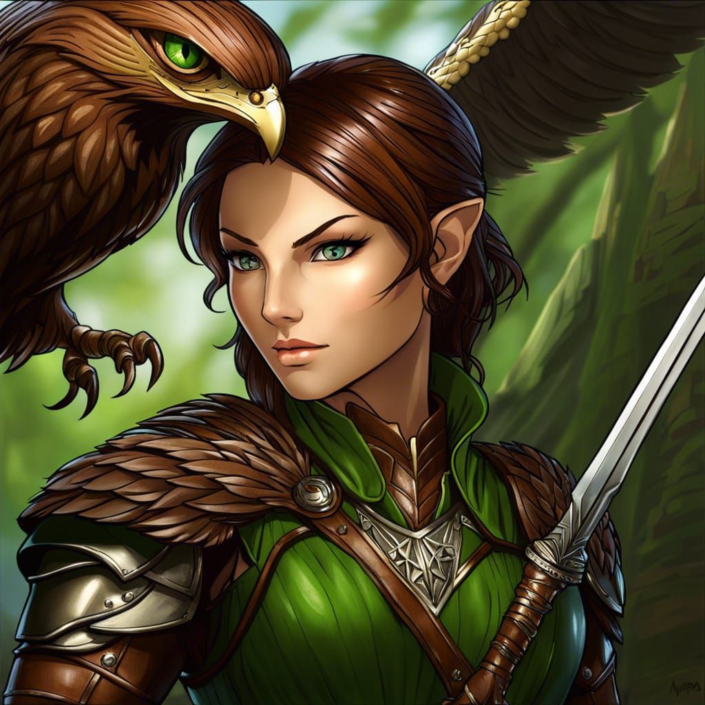 Half-Elf Ranger with Hawk in Anime Style