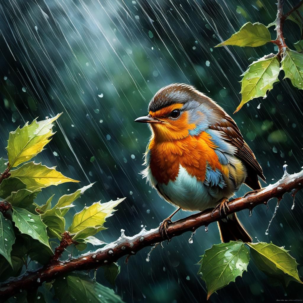 A robin enjoys the rain