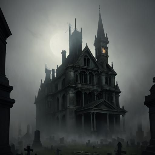 Misty Haunted House Cemetery in Horror Style