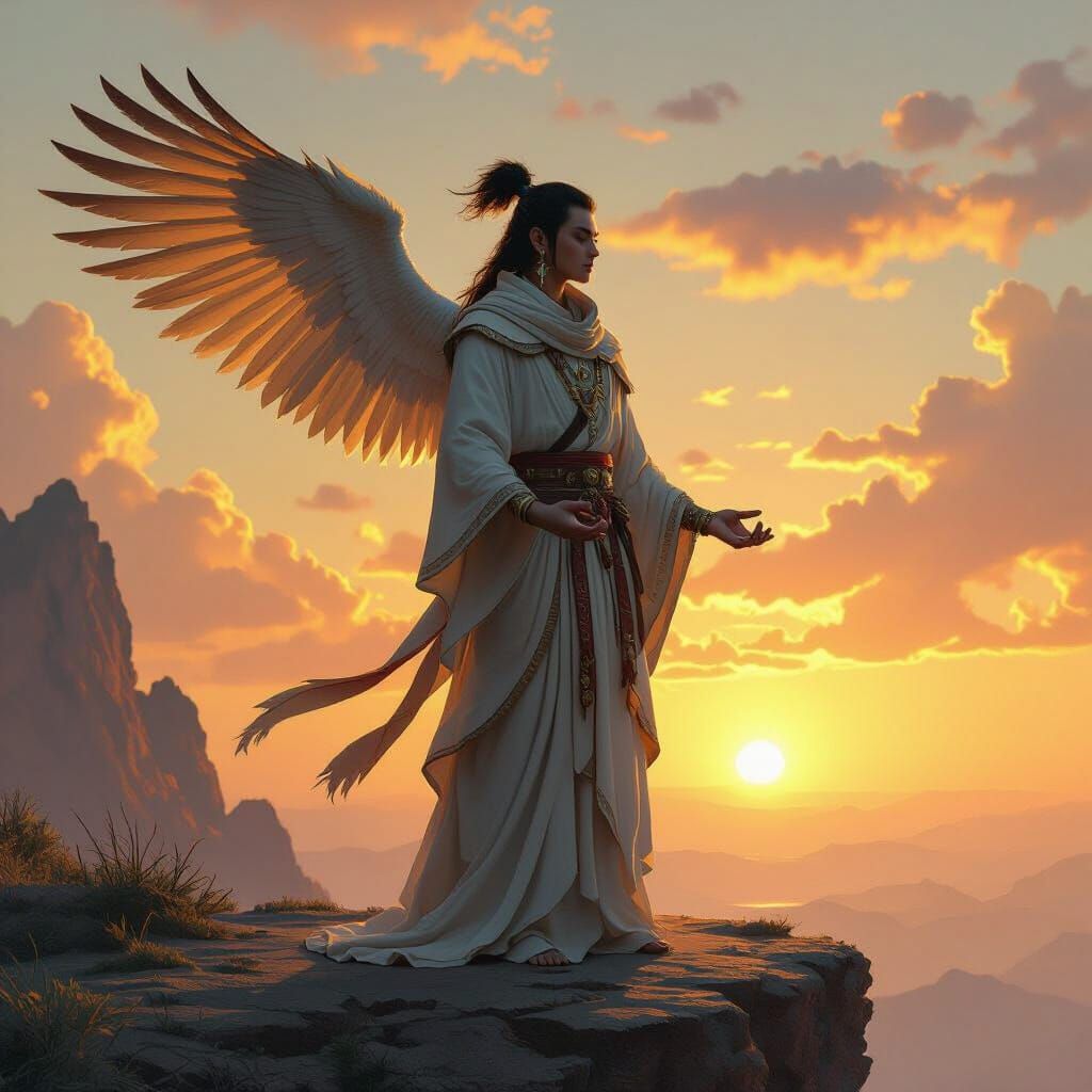 Aarakocra Monk Meditating on Cliff Edge at Sunrise