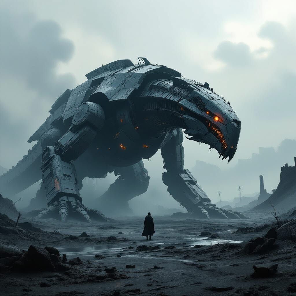 Colossal Mechanical Dragon War Machine in Wasteland