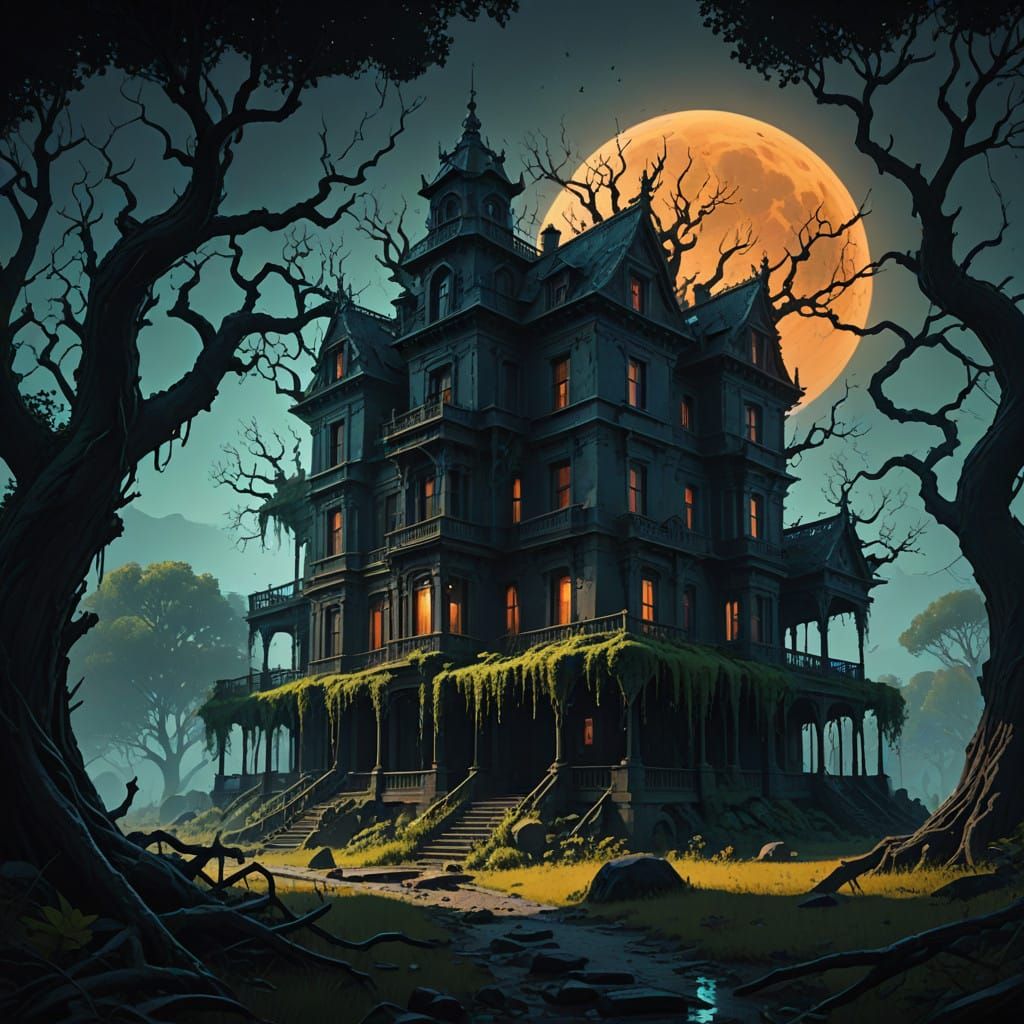 Abandoned Mansion Under Black Moonlit Sky
