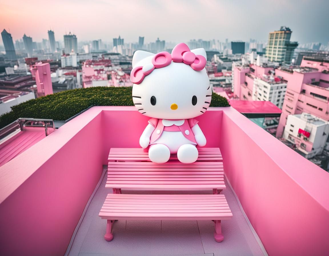 Hello Kitty Themed Rooftop with Pink Bench