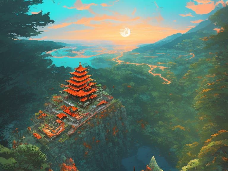 Orange Temple on Mountain Lake, Digital Illustration