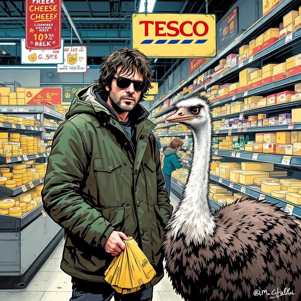 Rockstar and Fowl Friend Browse Cheese Aisles in Tesco